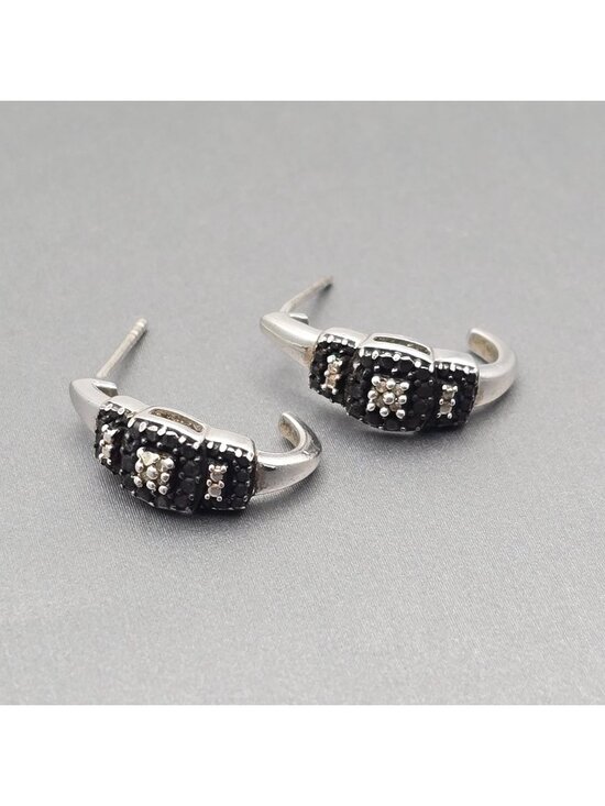 SUN Jewelry - Modernist Sterling Silver Black Rhinestone Half Hoop Post Earrings Basket Settin